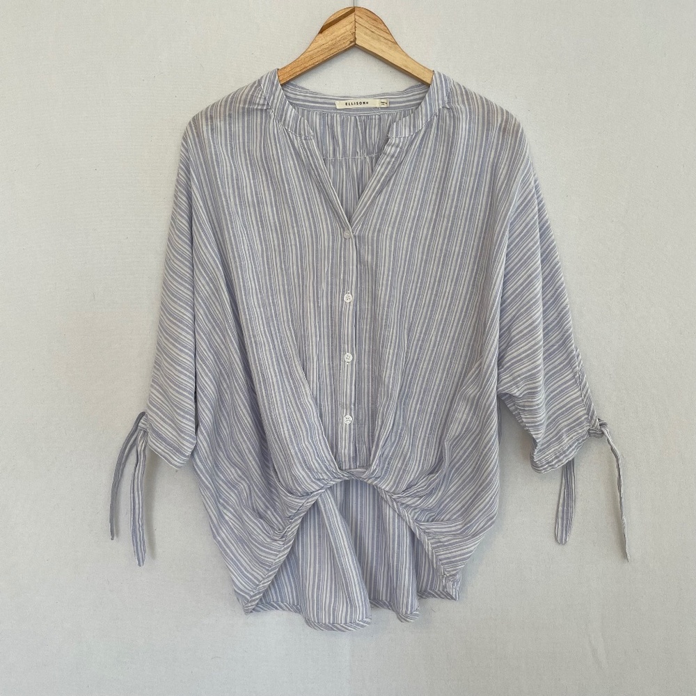 ELLISON Women’s Medium Lilac & White Stripe 100% Cotton Hi-Low Blouse